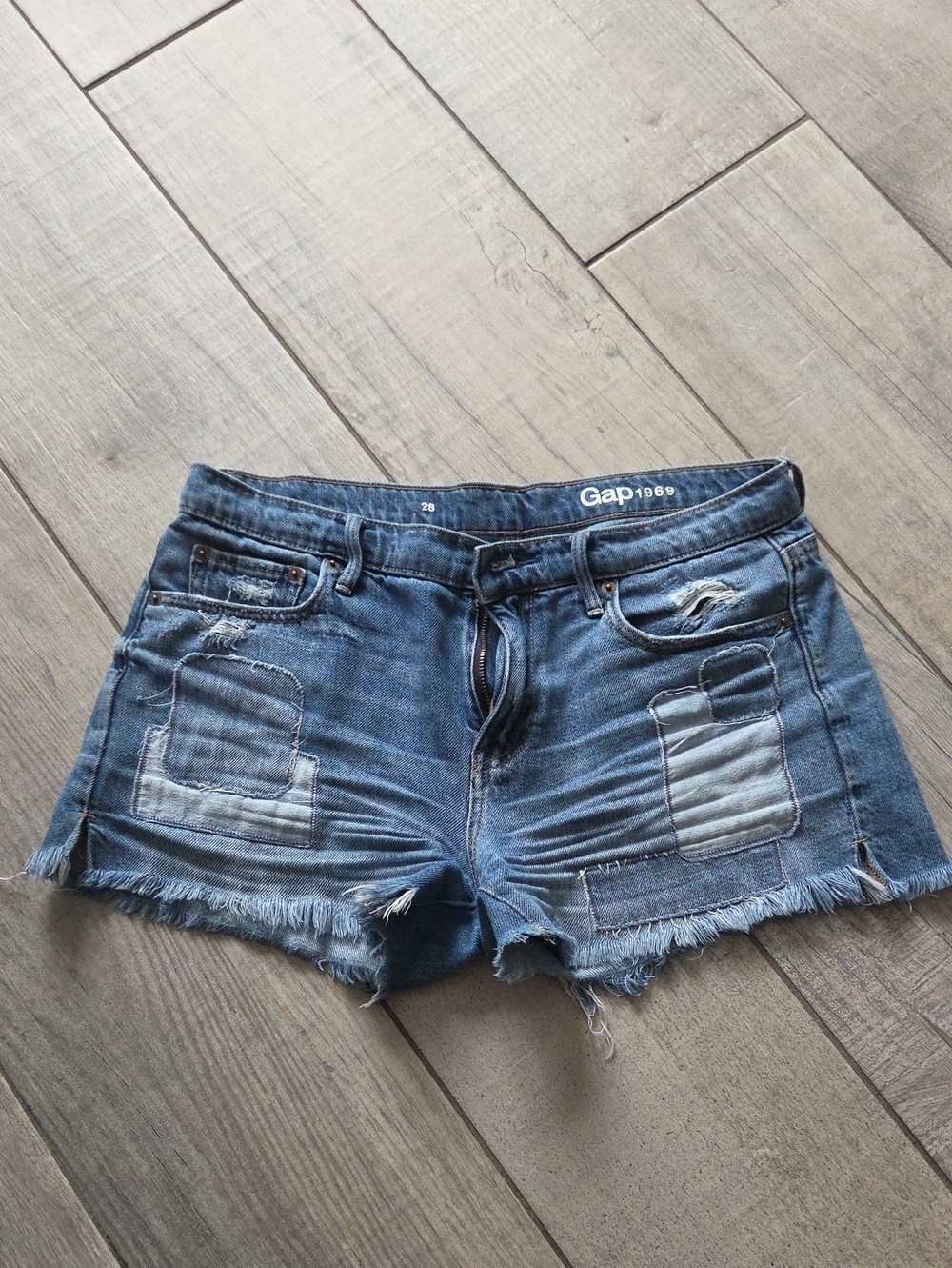 GAP Faded Blue Distressed Denim Patchwork Shorts